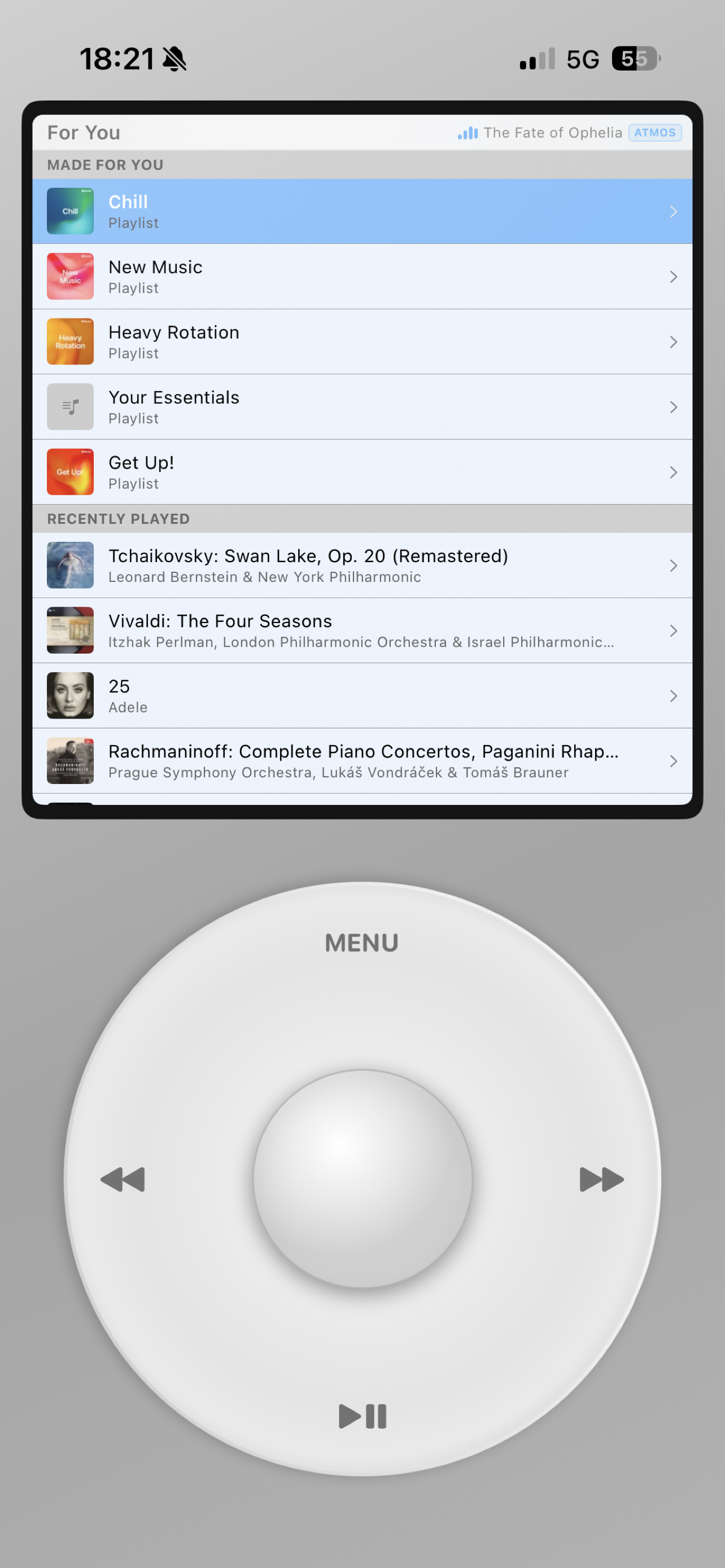 For You screen listing playlists and recently played items.
