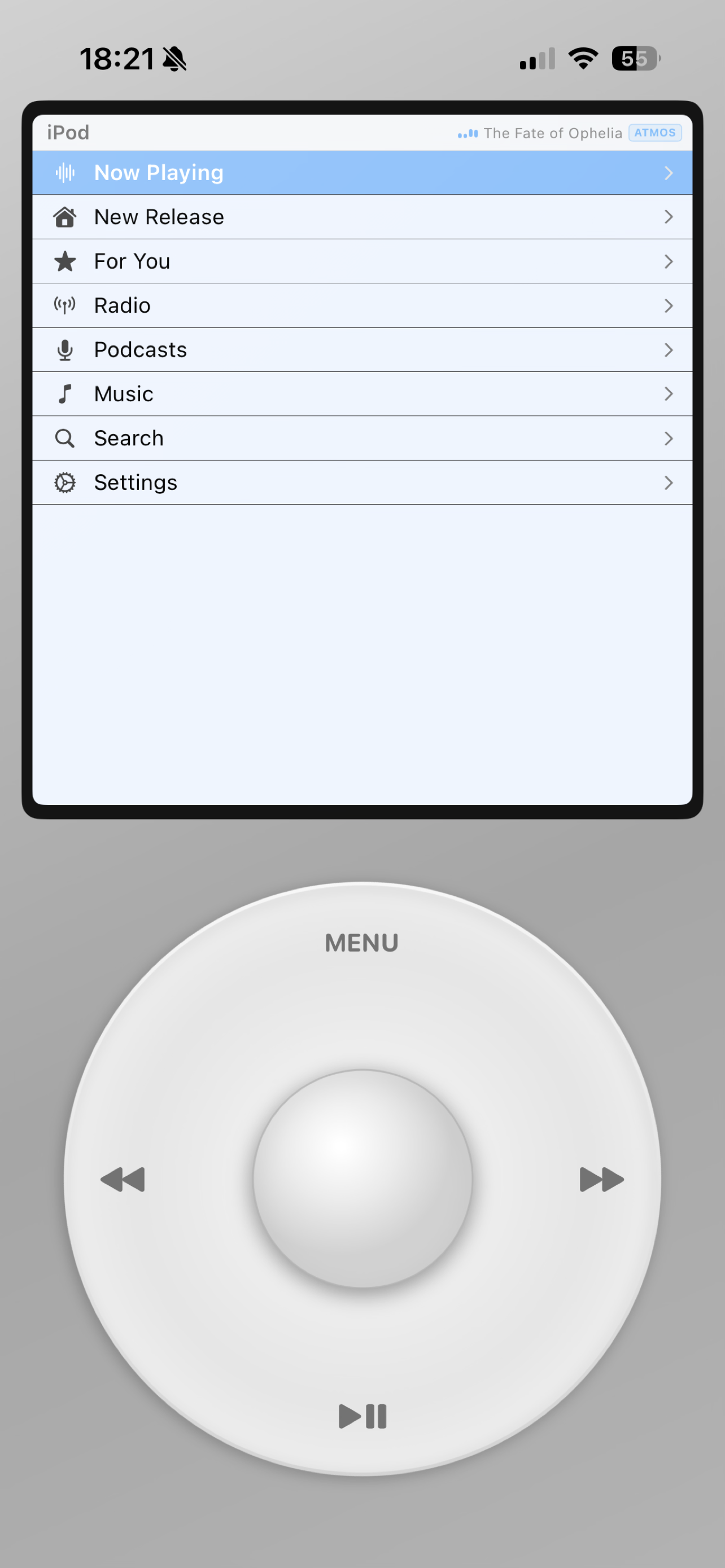 Main menu of iPod Apple Music showing navigation items such as Now Playing, For You, Radio, Podcasts, Music, Search, and Settings.