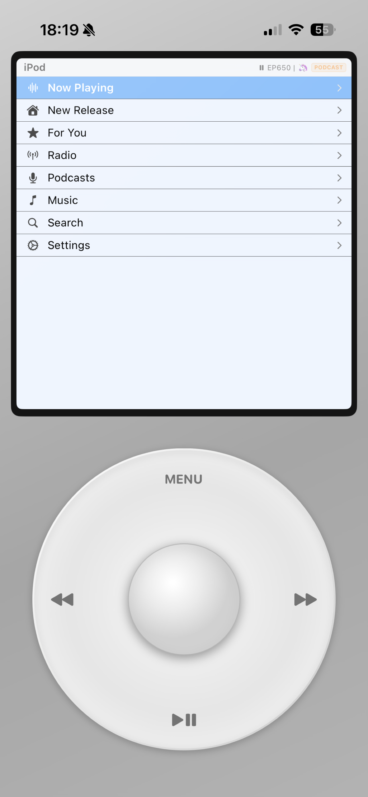 Main menu screen for podcast mode in iPod Apple Music.
