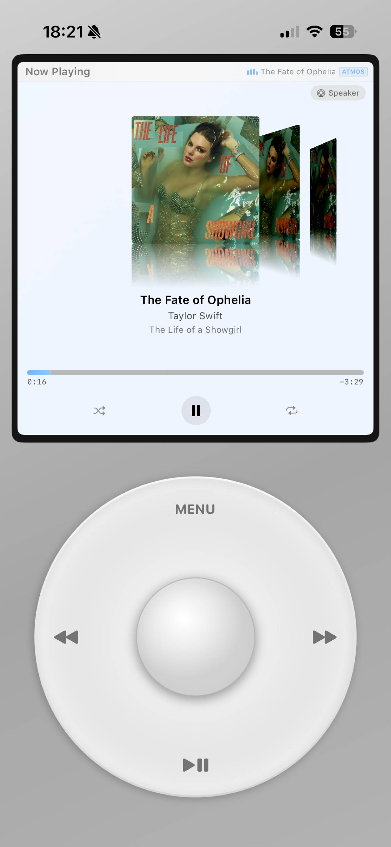 Now Playing screen of iPod Apple Music showing album art and transport controls.