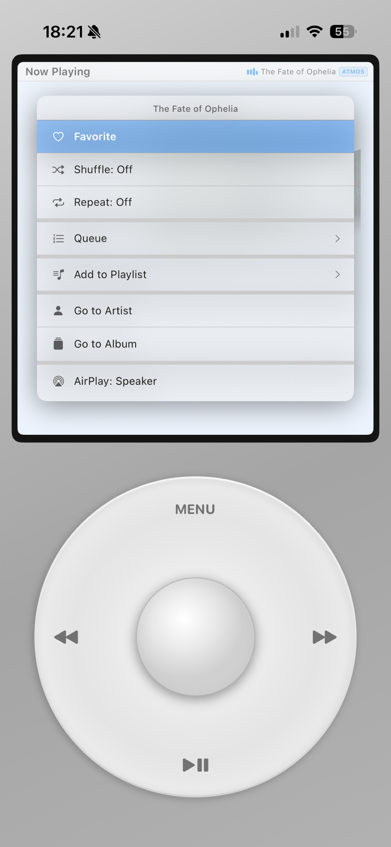 Playback options menu showing favorite, shuffle, repeat, queue, add to playlist, and AirPlay speaker.