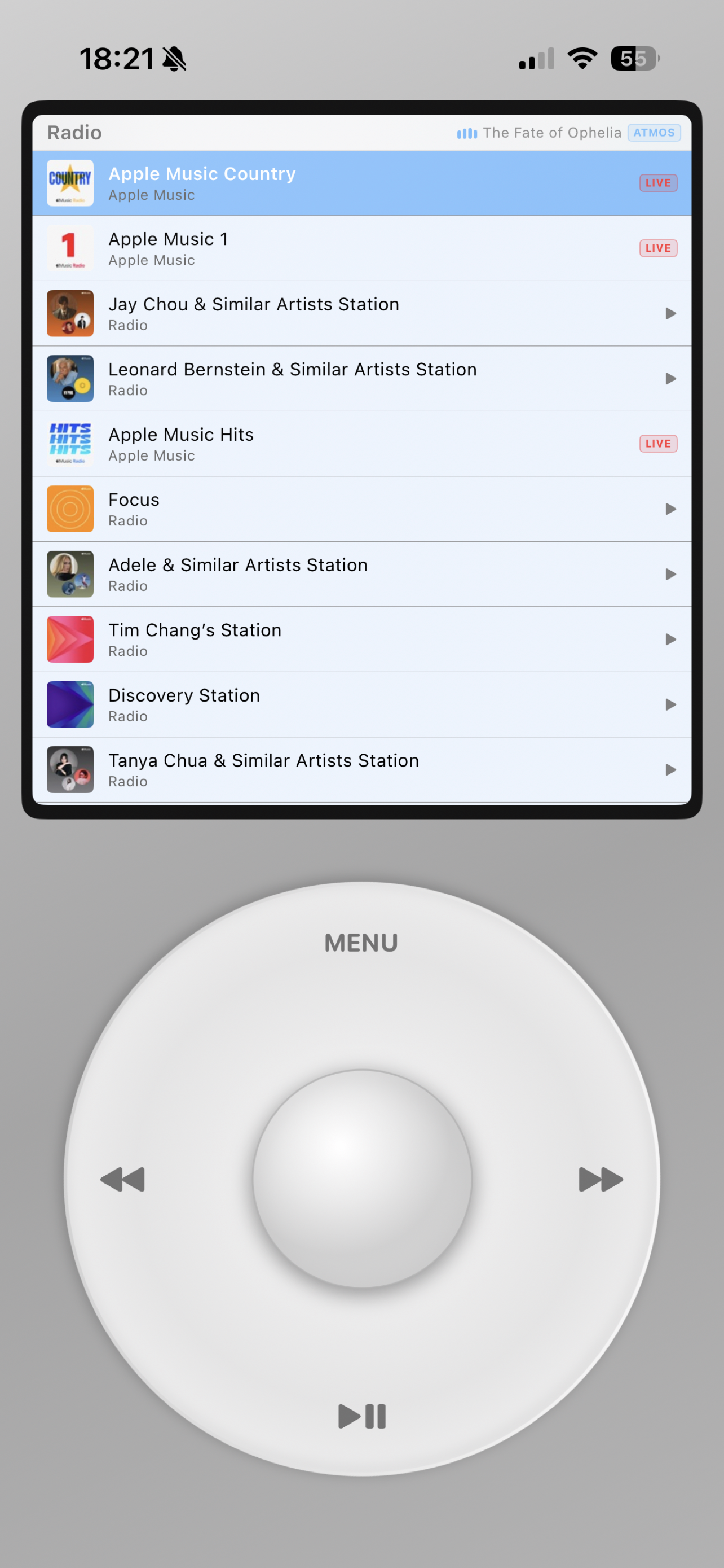 Radio station browser in iPod Apple Music.