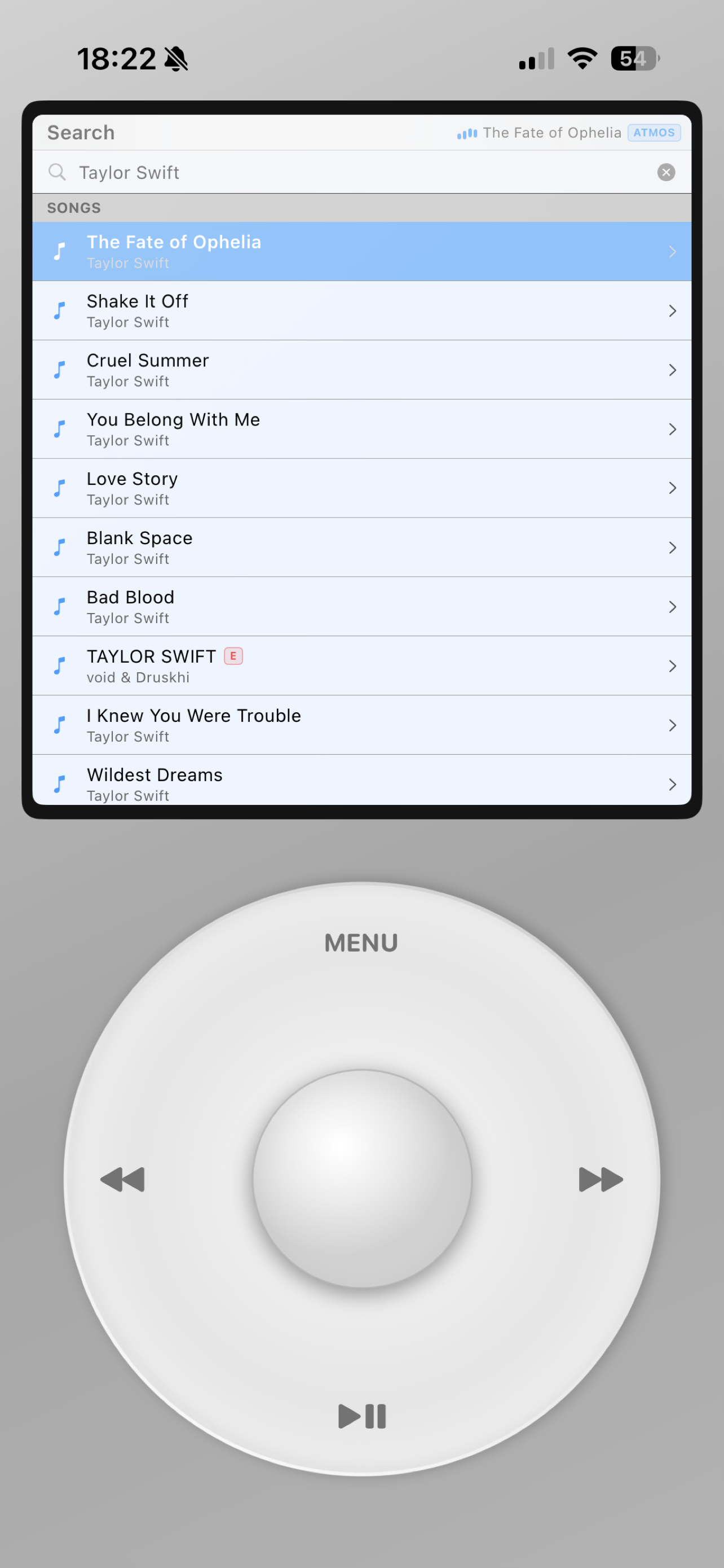 Search screen of iPod Apple Music listing Apple Music song results for Taylor Swift.